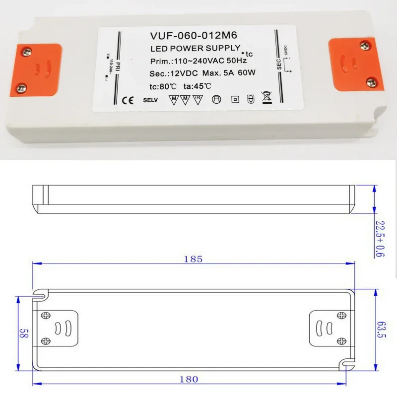 슬림 LED 드라이버 조명 변압기 어댑터 CE RoHS 전원 공급 장치, 6W, 12W, 15W, 20W, 30W, 40W, 50W, 60W, DC 12V, 24V