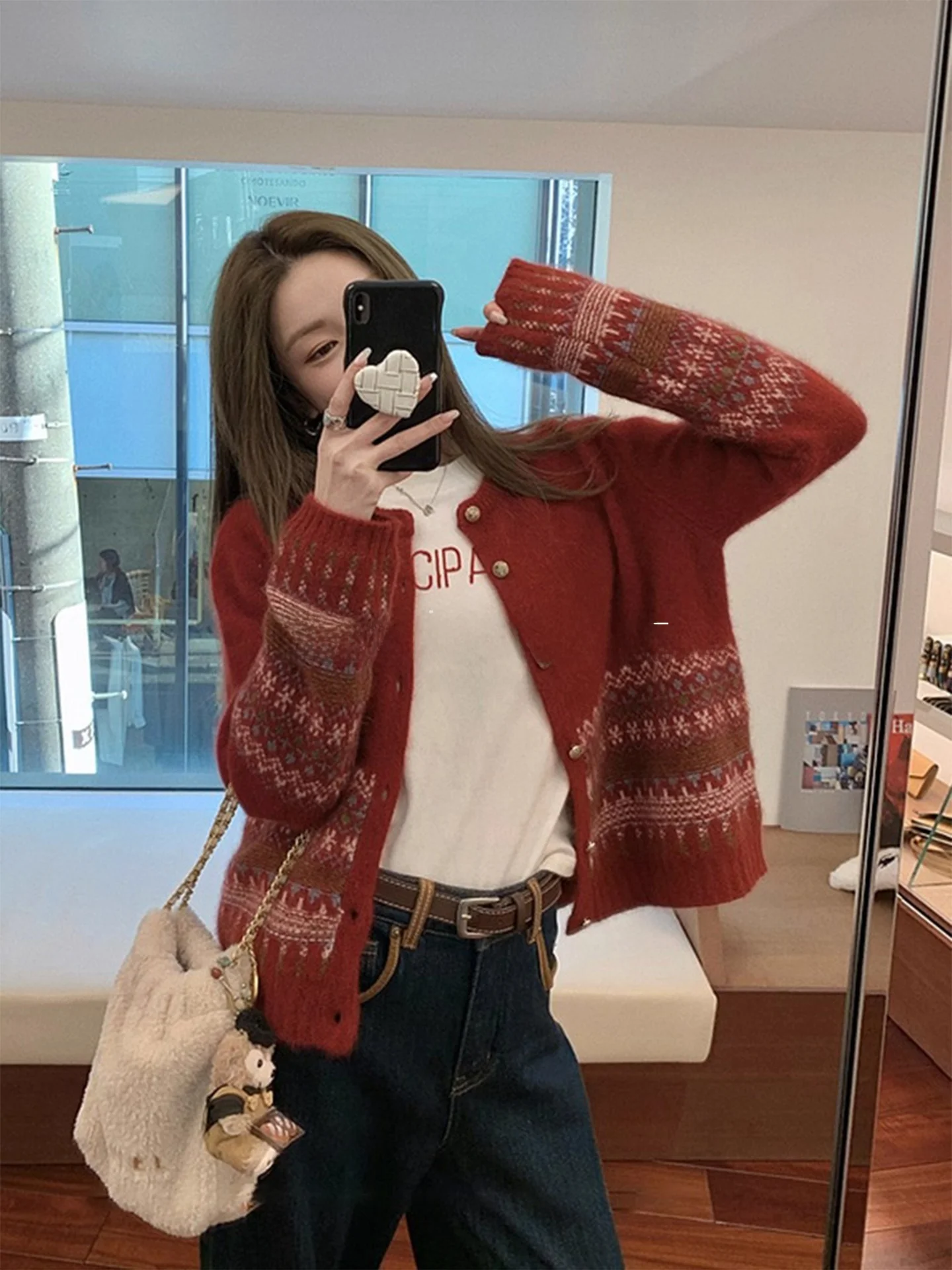 

Rouje Kefss Women's Knitted Sweater Coat Imitated Bearskin Red Wine Color New Year's Faion Outerwear for Autumn Winter