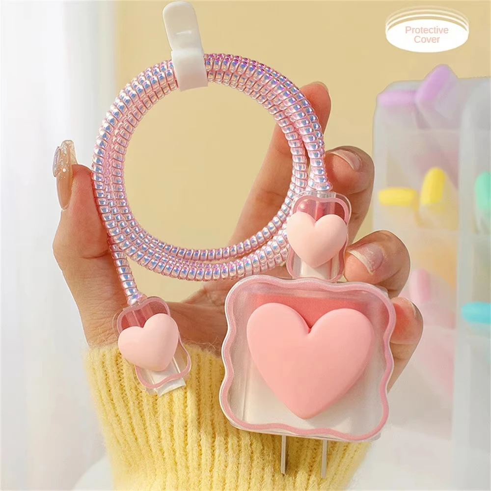 3D Love Heart Charger Protector Case For iPhone 17 16 15 14 13 Pro 18W 20W US Charging Head Protective Cover Winder Accessories