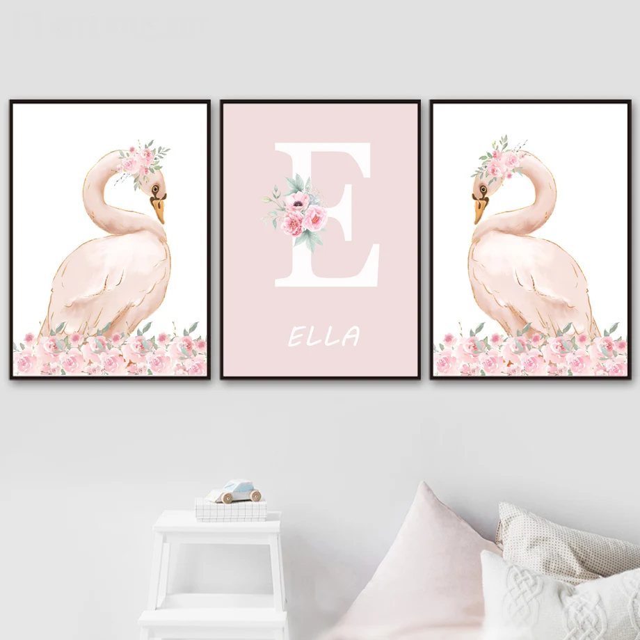 Pink Angel Girl Sun Moon Cloud Swan Castle Wall Art Nursery Canvas Painting Nordic Posters Prints Pictures Baby Kids Room Decor - view 2