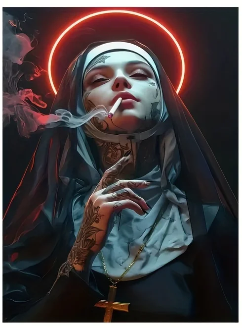 DIY Neon Red Halo Tattoo Nun Diamond Painting, Dark Gothic Cross Smoking Woman Contrast Portrait Wall Decor Gift
