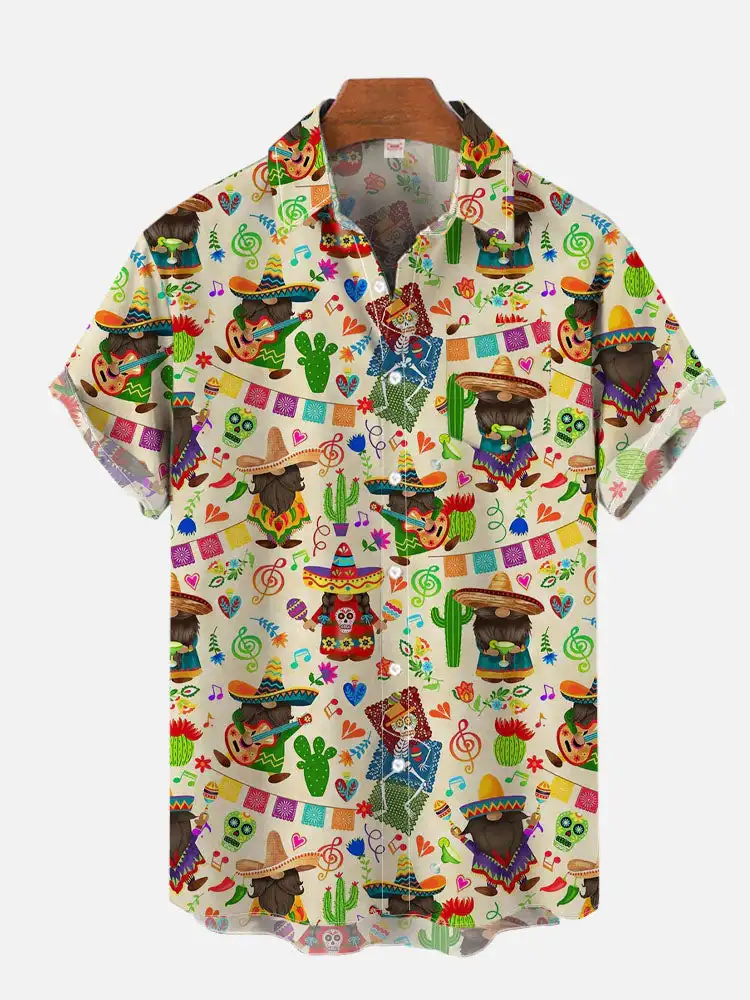 2026 Fun Colored Skull Figurine Print Men's Niche Personality Thin Style Loose Collar Travel Party Versatile Top