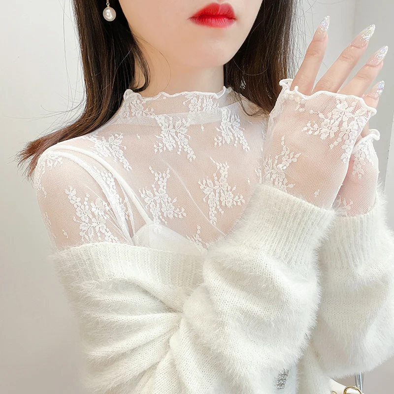 

Модный кружевной сетчатый топ с длинными рукавами и полувысоким воротником, женская рубашка в элегантном стиле, новинка ранней осени