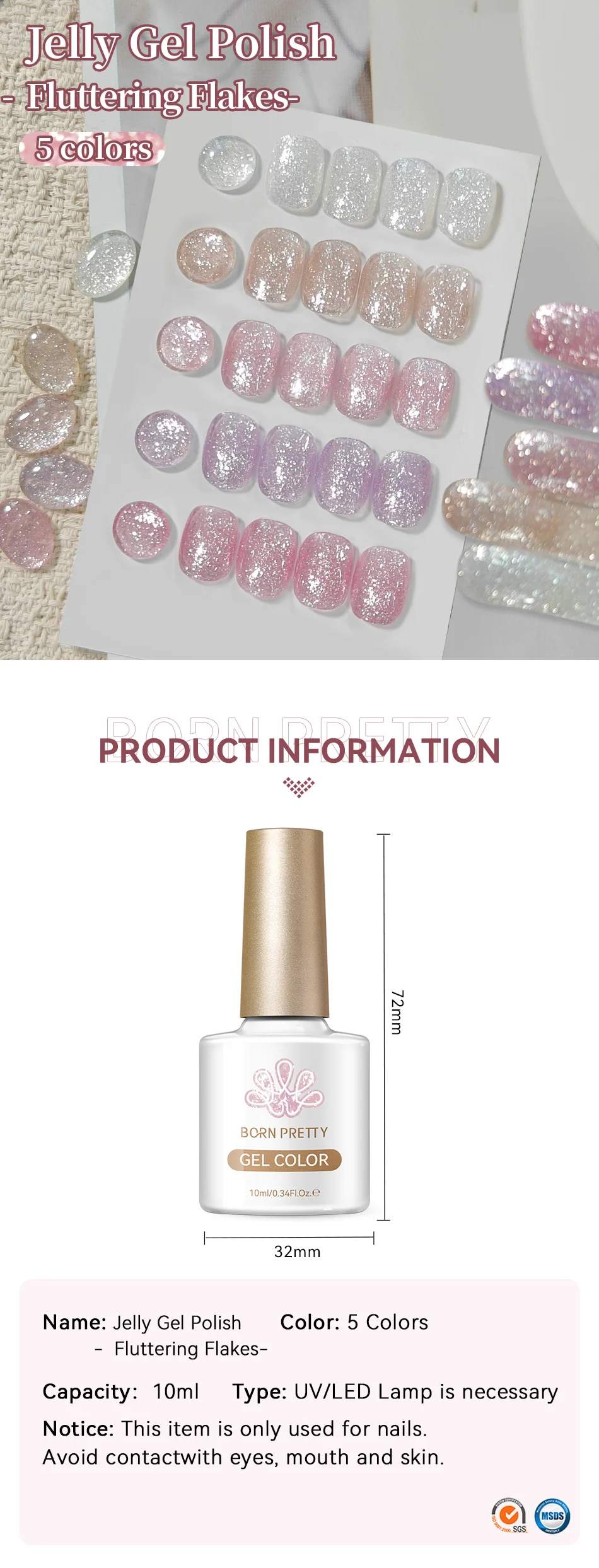 BORN PRETTY 1 Flasche 10ml Flatternde Flocken Jelly Gel Nagellack Semi-Permanent Nail Art Maniküre Abziehbarer LED-Nagellack Vernis – Detail 1