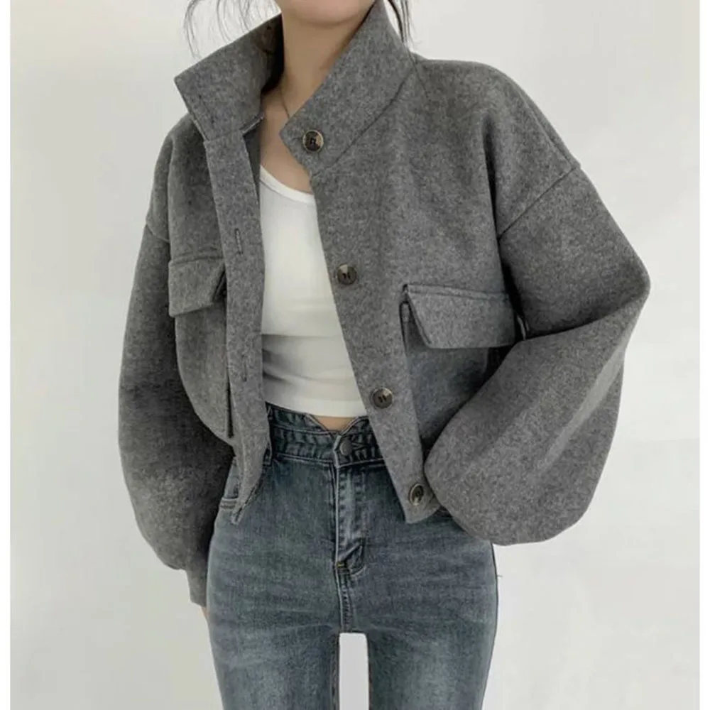 Women Stand Collar Short Woolen Coat Loose Drop Shoulder Cargo Pocket Single Breasted Cropped Jacket Autumn Winter Outerwear