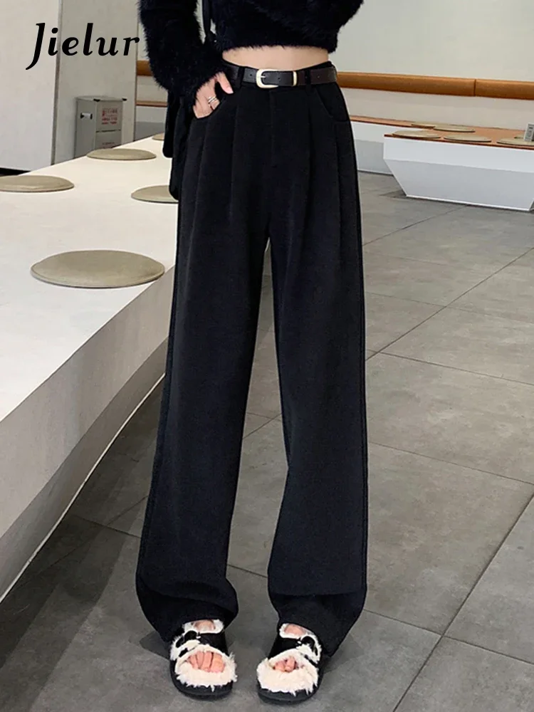 

Jielur Black Thick Winter Slim Women's Pants Office Lady Solid Color Loose Straight Zipper Pockets Fashion Female Wide Leg Pants