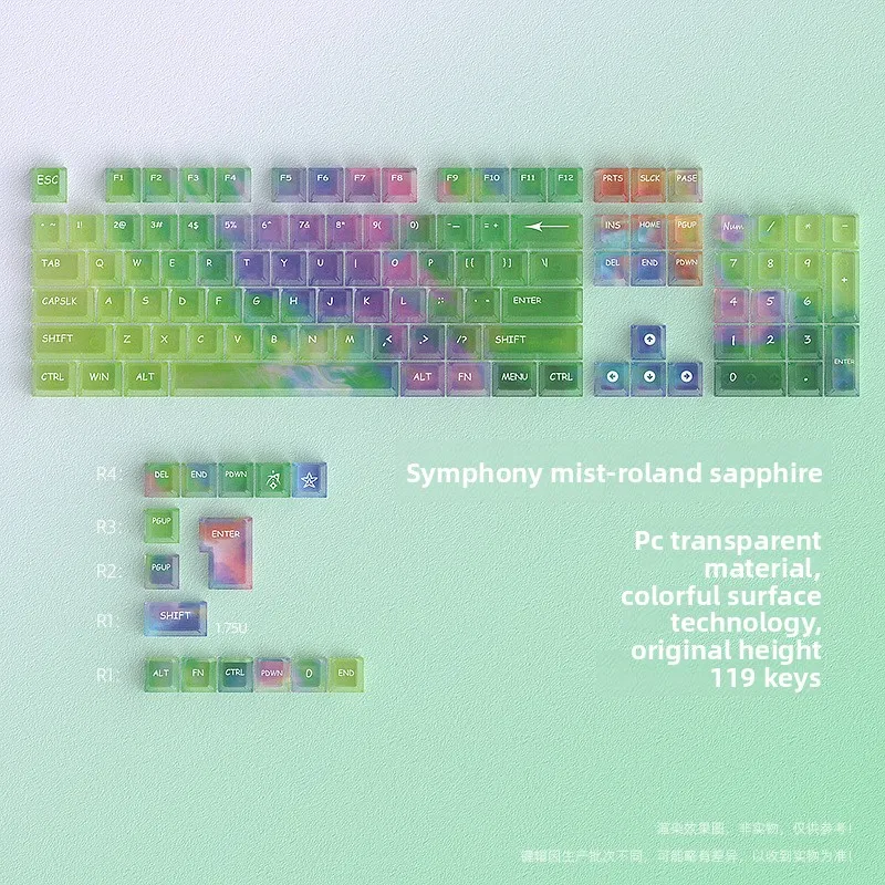 Rainbow Iridescent Mist Roland Purple & Jade Green PC Transparent Keycaps 119PCS Mini Full Set OEM Profile