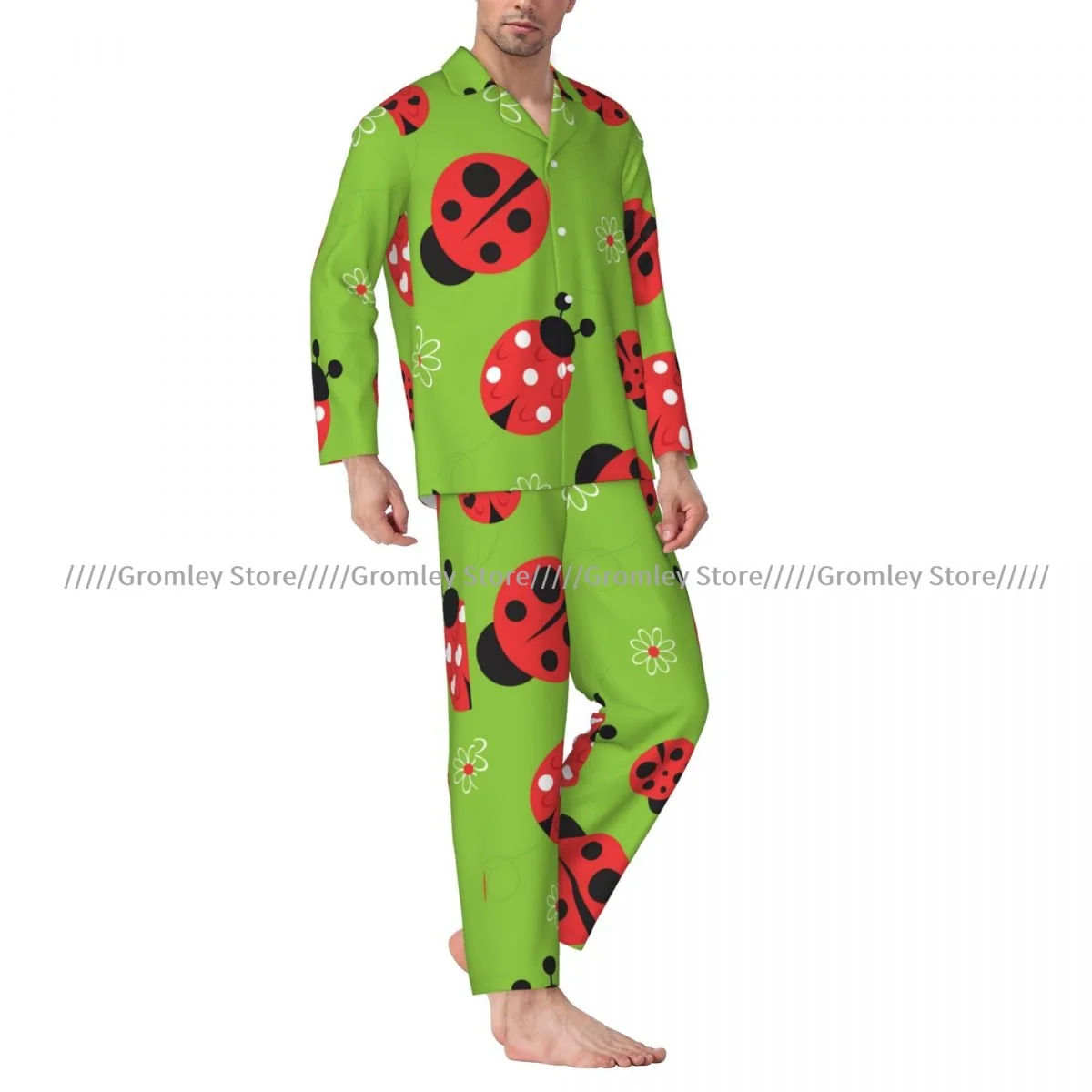 Men's Pajama Sets Abstract Flowers And Ladybug Sleepwear Long Sleeve Leisure Outwear Autumn Winter Loungewear