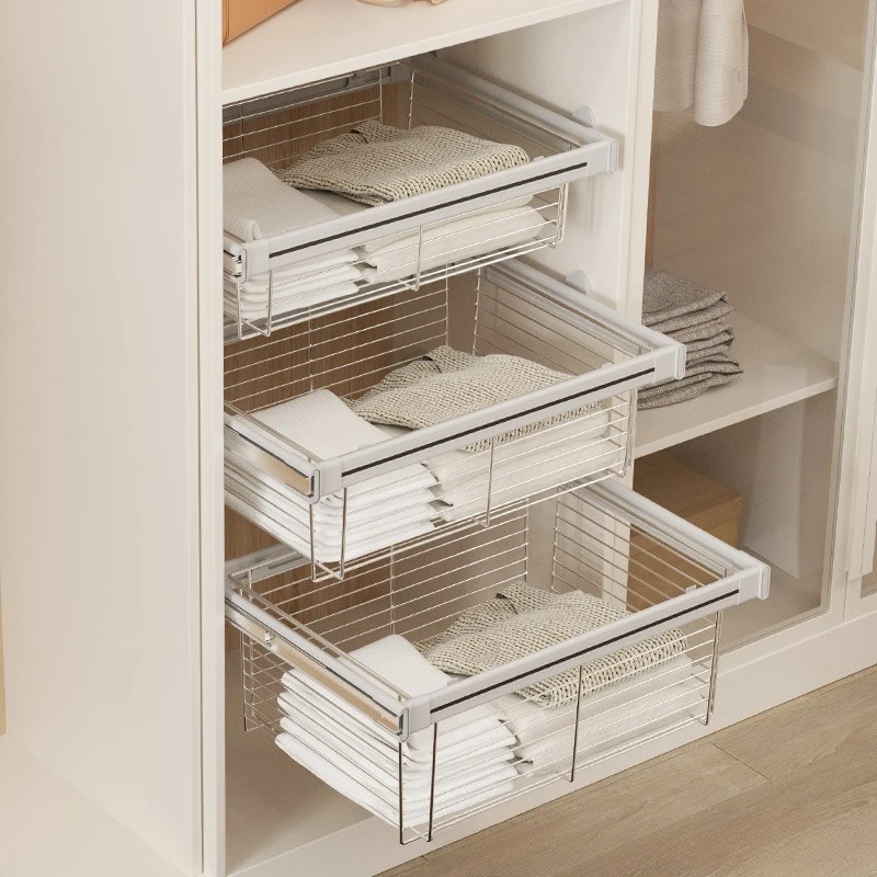 Wardrobe basket drawer pants rack telescopic household wardrobe push-pull pants drawer storage built-in hardware accessories