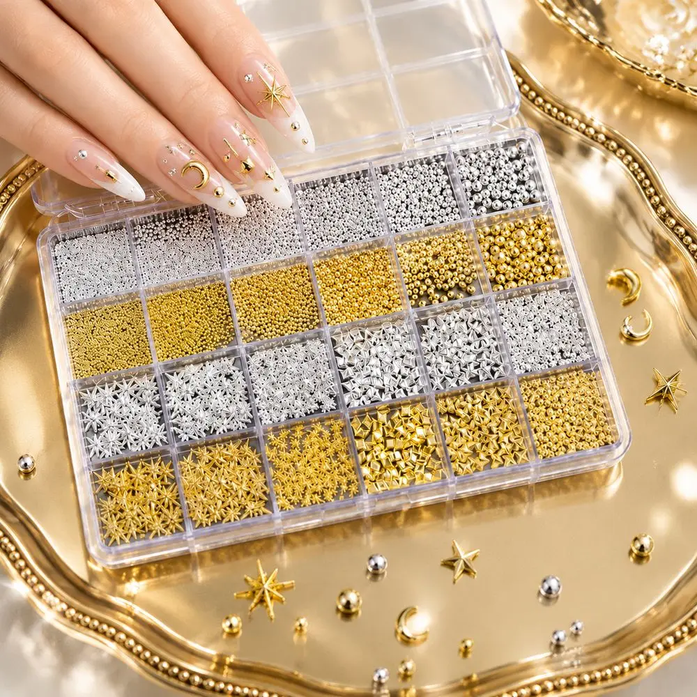 24Grids Salon Quality Glam Luxe Nail Trendy Studs Geometric Moon Star Rivets Gold Silver Assorted for Gala Event Nail Accessory