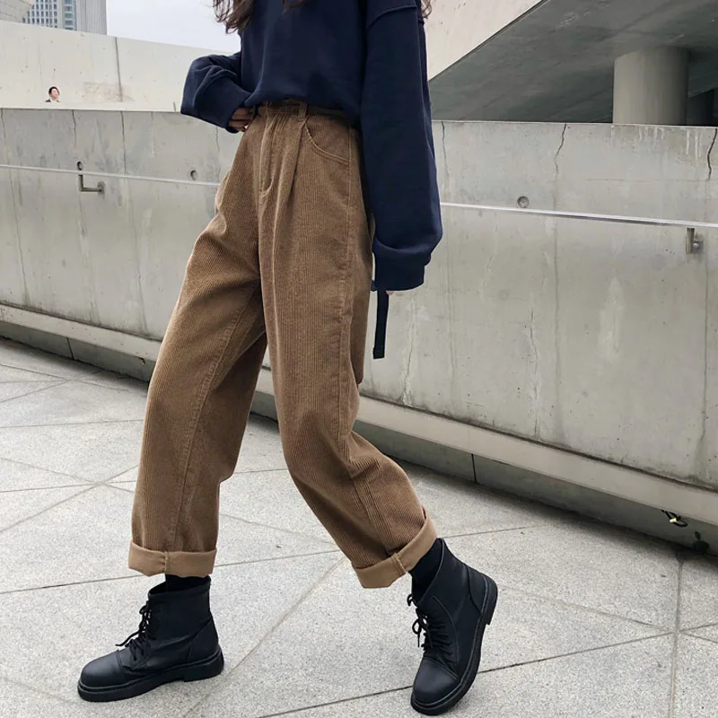 

Fashion Cotton Corduroy Wide Leg Pants Women Autumn Warm High Waist Pants Woman Streetwear Vintage Loose Straight Trousers 29146