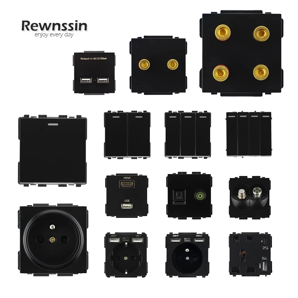 S series - Wall Power Internet Socket USB Wall Socket Light Switch Accessories DlY Free Combination Black Module Frame