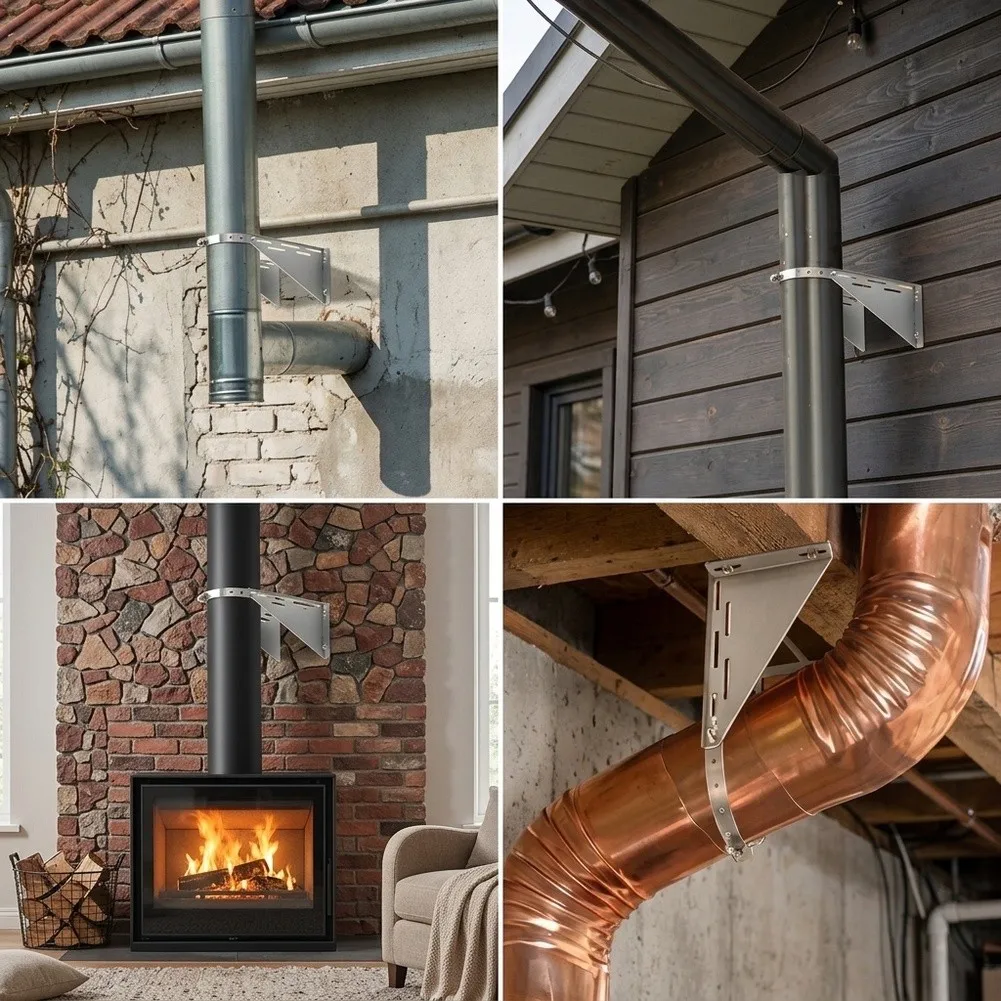 6Inch Chimney Pipe Wall Bracket, Adjustable Support For Dual Wall Fireplace Tubes, Flue Stabilizer= For Home Heating Systems