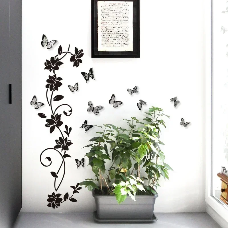 3D Butterfly Wall Sticker Black Flower Vine Living Room Background Room Wall Sticker Dark Style 38*43cm Home Decoration
