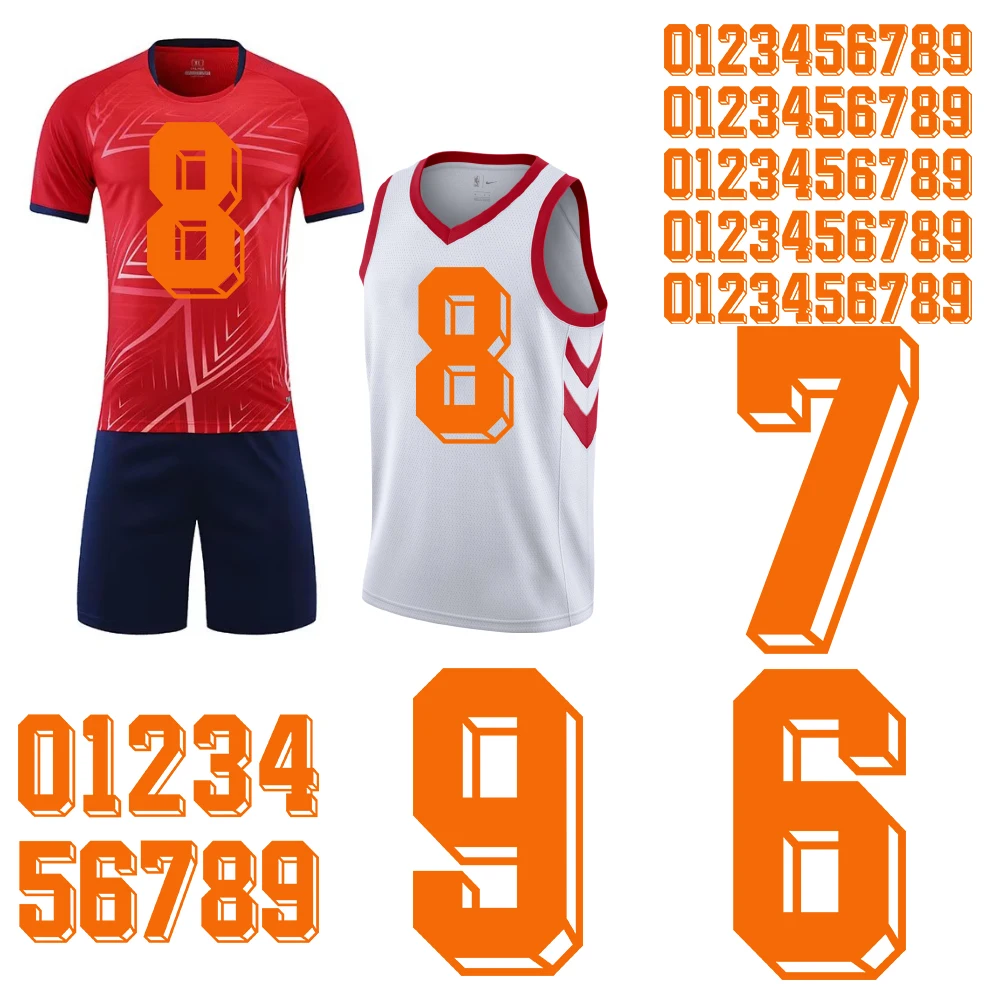 Sports Numbers Orange Heat Transfer Stickers Iron On Clothes Bags Fabric DTF Printed Vinyl Thermal Appliques Washable Patch