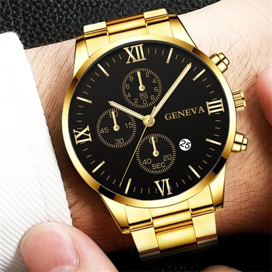 4PCS/Set 2024 New Men's Watch Fashion Calendar Roman Dial Watch Stainless Steel Strap Quartz Watch with Jewelry Set