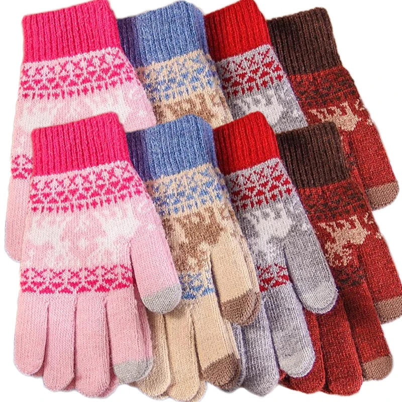 Women Men Warm Winter TouchScreen Gloves Christmas Deer Knitted Mittens Wool Full Finger Outdoor Cycling Driving Gloves Mittens