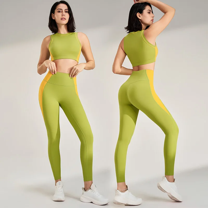 

Sports Outdoor Fitness Suit Color Blocking Quick Dry Yoga Clothing Shockproof Bra Yoga Leggings Running Long Pants Female