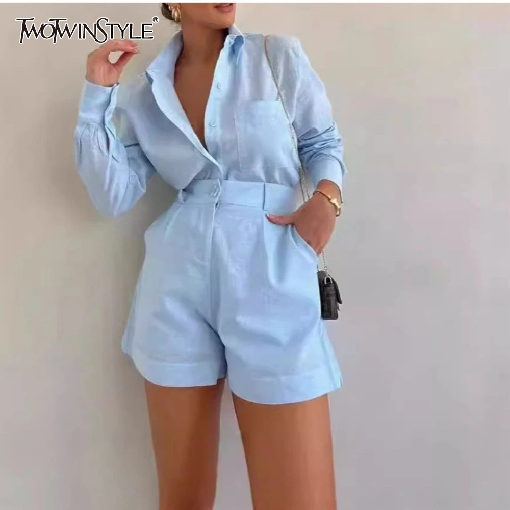

TWOTWINSTYLE Solid Spliced Button Two Piece Set for Women Lapel Long Sleeve Top High Waist Temperament Shorts Sets Female