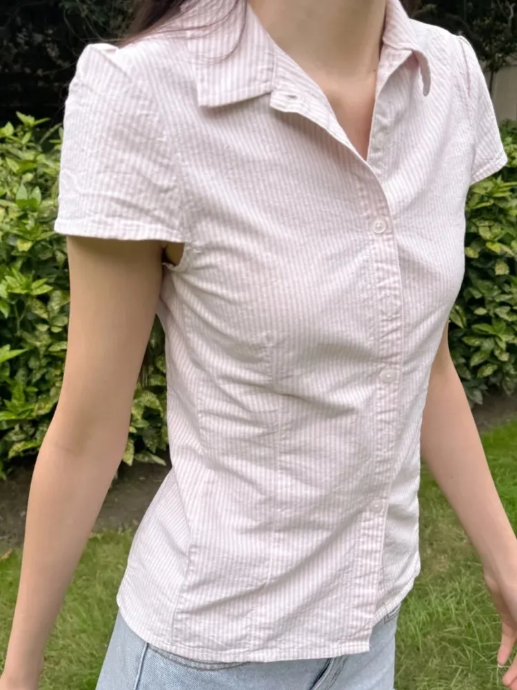 

Pink Striped Button Blouse Women New Streetwear Casual Cotton Lapel Short Sleeve Tees Sweet Cute Preppy Style T-shirts Y2K Tops
