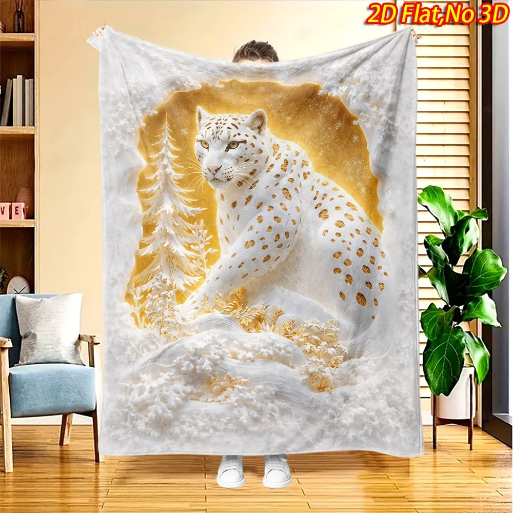 White Snow Leopard Golden Spots Winter Pine Snow Frame Flannel Throw Blanket Soft Warm Cover Sofa Bedroom Wildlife Decor Gift