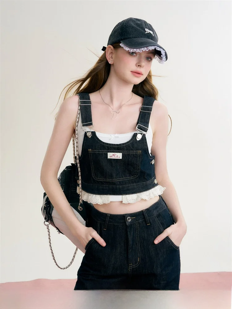 

Kroche Casual Lace Splicing Denim Two-Piece Set Women's Fashion Ensemble Long Pants Cotton Summer Collection
