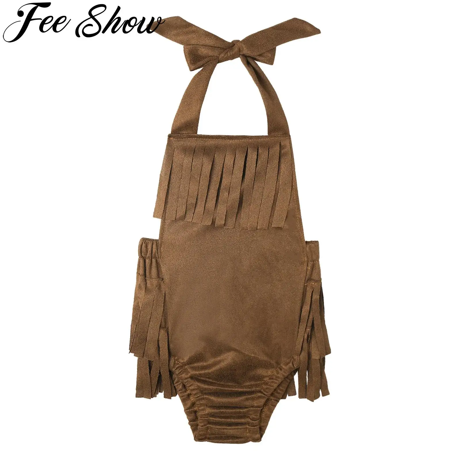 

Baby Girls Fringe Faux Suede Romper Western Cowboy Bodysuit Self-tied Strap Halter Tassels Jumpsuit Photography Infant Clothes