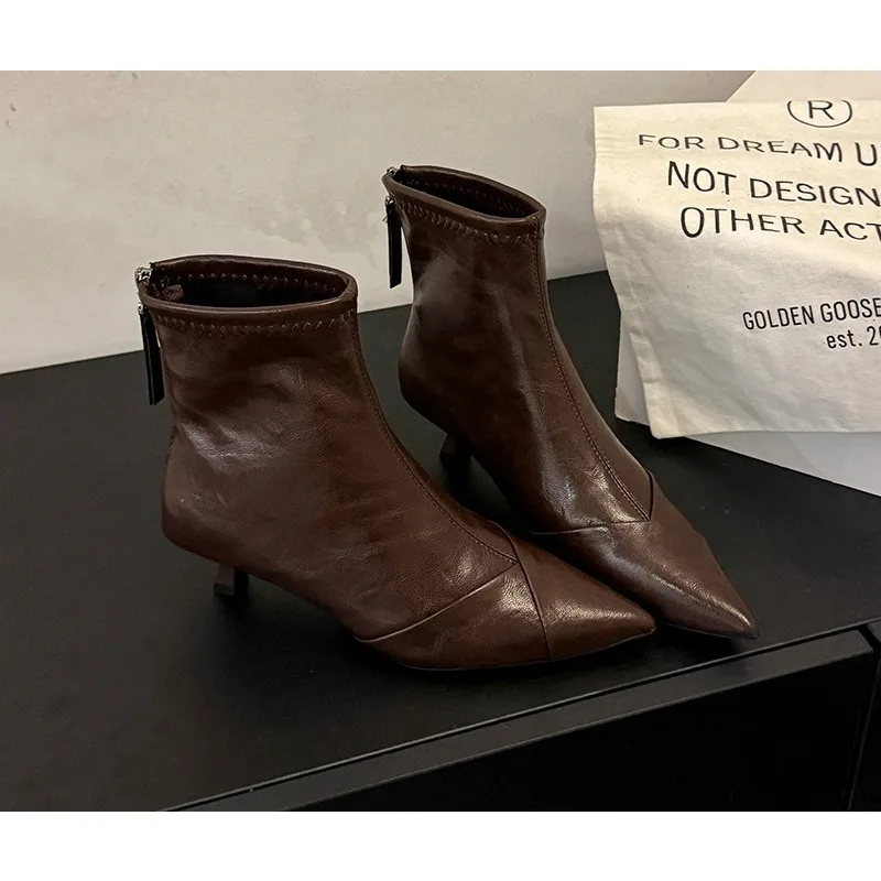 

2026 Spring Vintage Pointed Toe Women Ankle Boots Fashion Thick Heel Shoes Concise Short Botas De Mujer