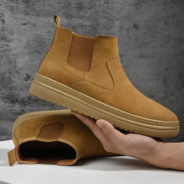 Krótkie buty ze skóry bydlęcej z płaskim dnem Mężczyźni Jesień Zima Brytyjski styl Antypoślizgowe Wygodne buty Chelsea Sportowe buty codzienne