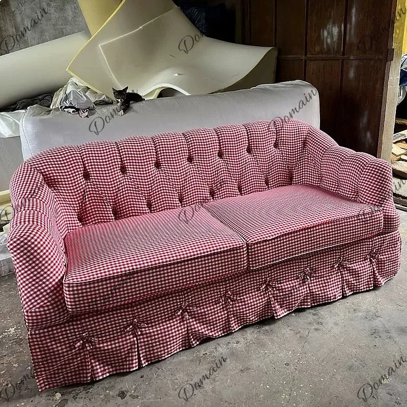 ZL Retro style small red and white plaid sofa pastoral style small apartment skirt edge famous hotel photography photo