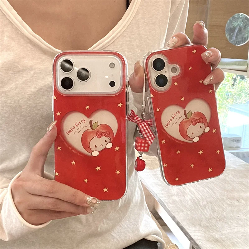 

Korean Cute Love Hellokitty Phone Case For iPhone 17 Pro 16 15 14 Pro Max Cover with Pendant Shockproof Protective Cases Lovely