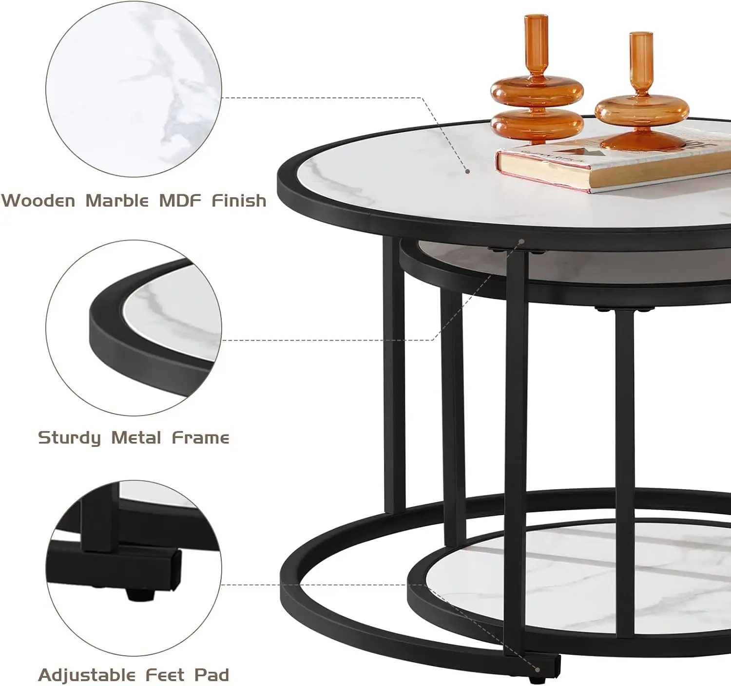 Mesa De Ninhos De Mármore Redonda Para Sala De Estar, Conjunto De 2, Tampo De Madeira De Mármore e Moldura De Metal, Moldura Preta