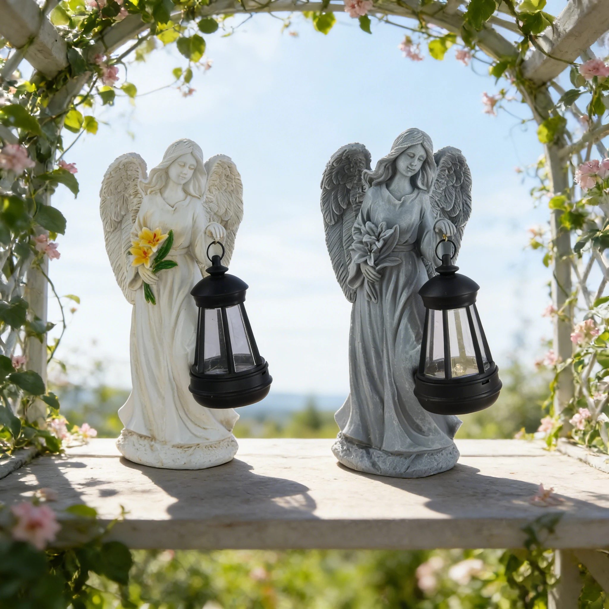 

Статуя ангела с солнечным фонарем и цветами - декор для сада и улицы