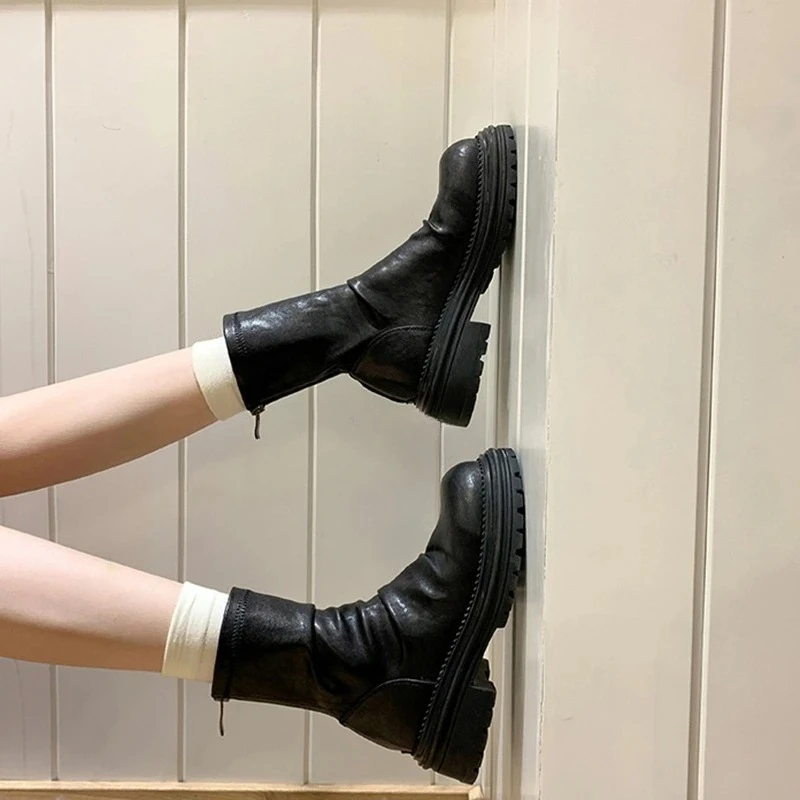 Vintage PLeated Women Ankle Boots Casaul Height Increase Slim Short Booties Shoes Botas De Inverno Feminina