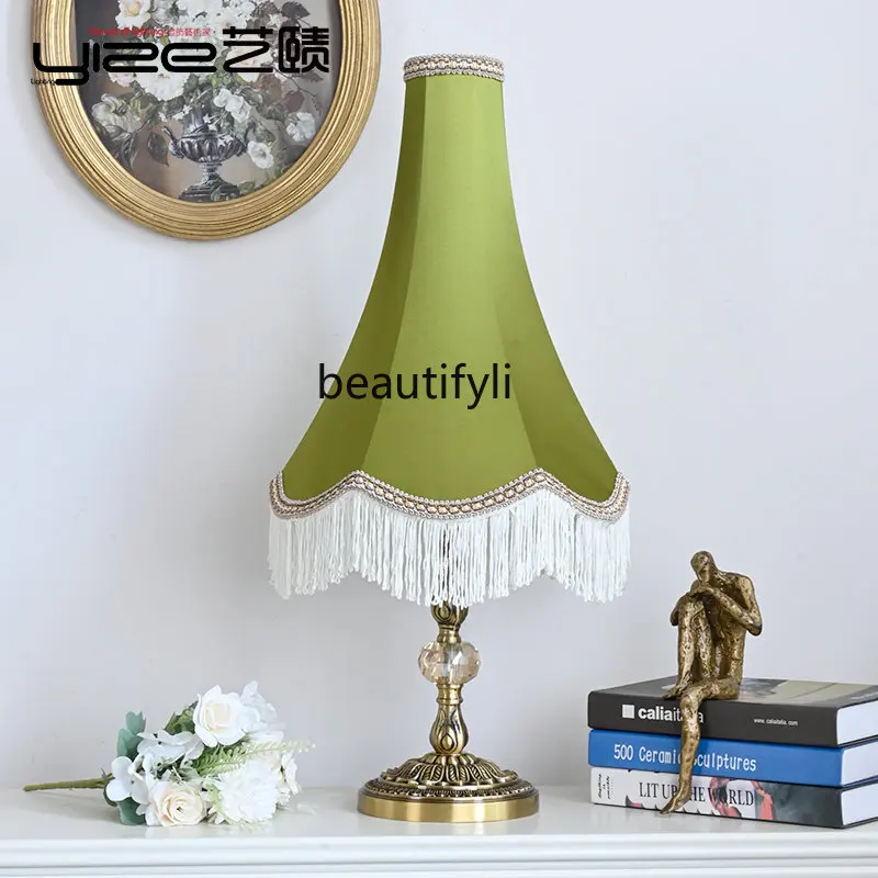 

zqFrench Romantic Copper Table European Style Royal Court Tassel Lamp Vintage Middle Ancient Bedroom Bedside Decorative Lamp