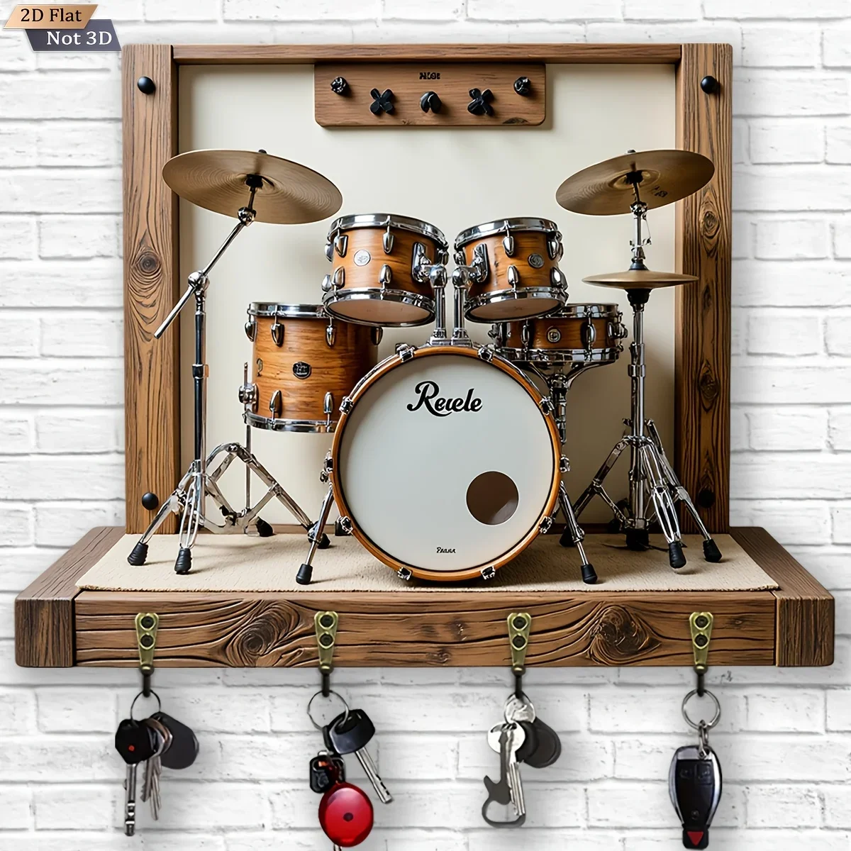 2D Flat, 1pc, Drum Set Theme Style Key Hook Wooden Multifunctional Home Key Rack, with Four Metal Hooks, Wall Decoration, Porch