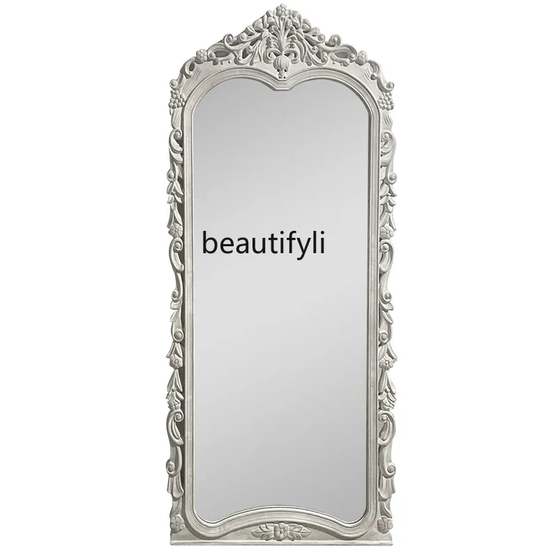 

Palace Style Antique White French Carved Floor Mirror Villa Wedding Shop High-End Dressing Mirror Retro Full-Length Mirror