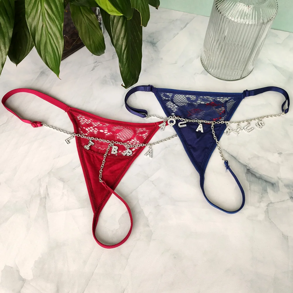 Personalised Underwear Crystal Letters Constellation Thong for Women Sexy Bikini G-String Lace Panty Girlfriend Birthday Gift