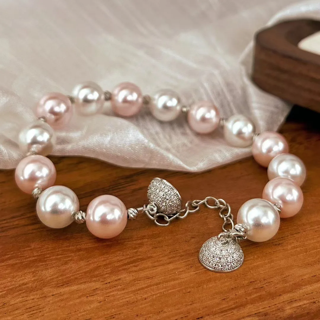 Vintage Artistic Warm Pink High-Luster Pearl Beaded Stretch Bracelet, Niche Designer Stackable Hand Chain for Women