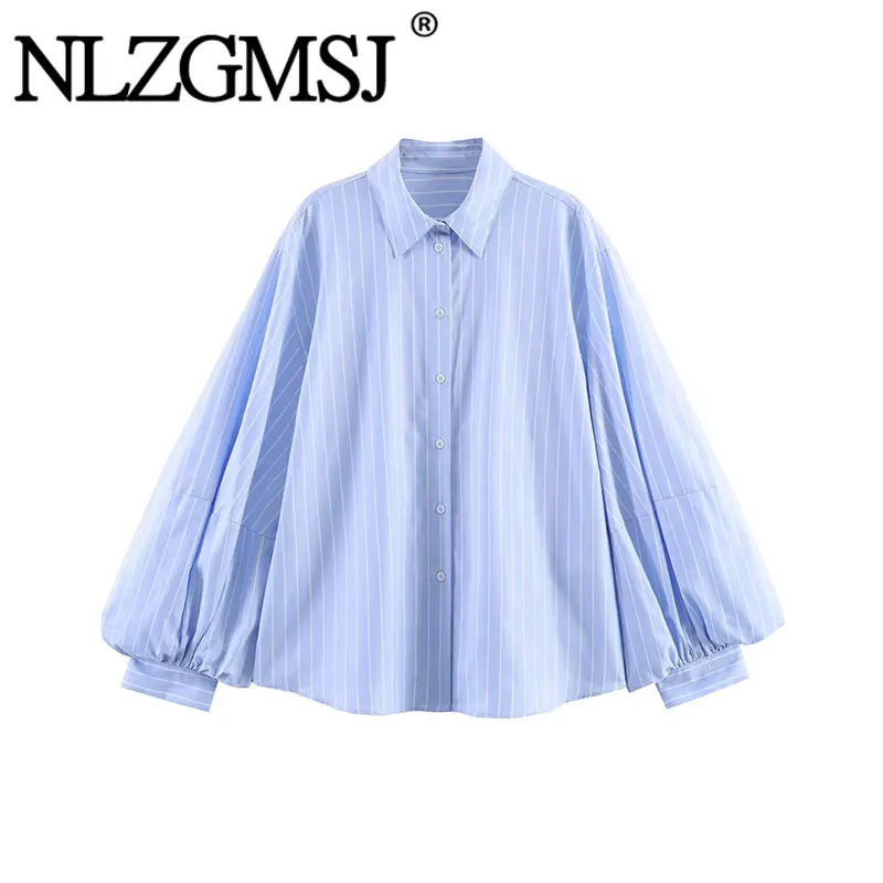 

NLZGMSJ2026 Spring Women Turn-down Collar Shirt Striped Bubble Sleeve Single Breasted Female Casual Loose Versatile Blouse