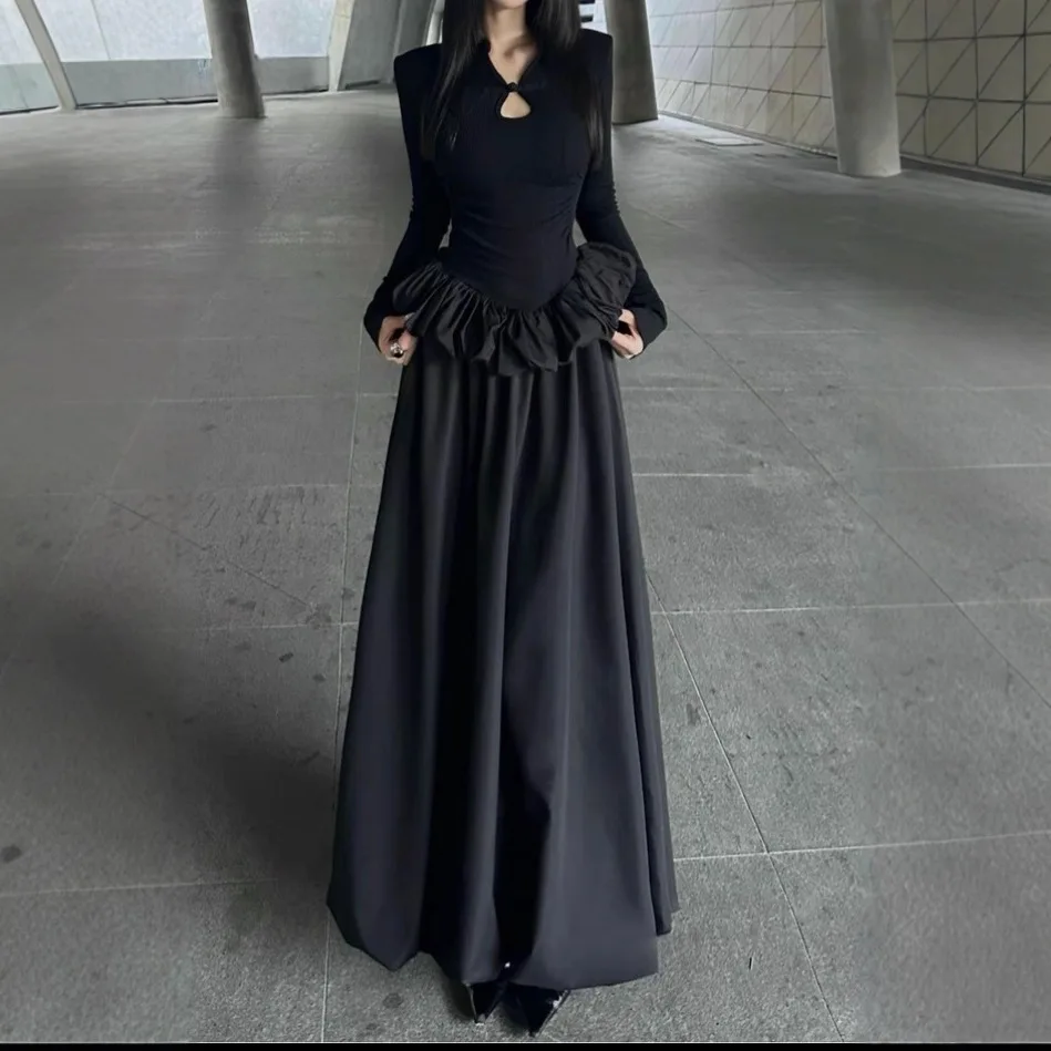 Nuevo vestido largo negro de manga larga de estilo chino con botones de nudo chino y vestido con cuello semiabierto