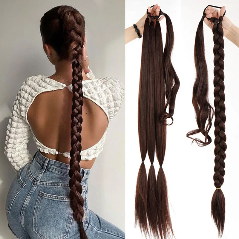 Extensiones de peluca larga y recta sintética para mujer, trenzas de boxeo, cabello de peinado negro, Rubio, marrón, 32 pulgadas