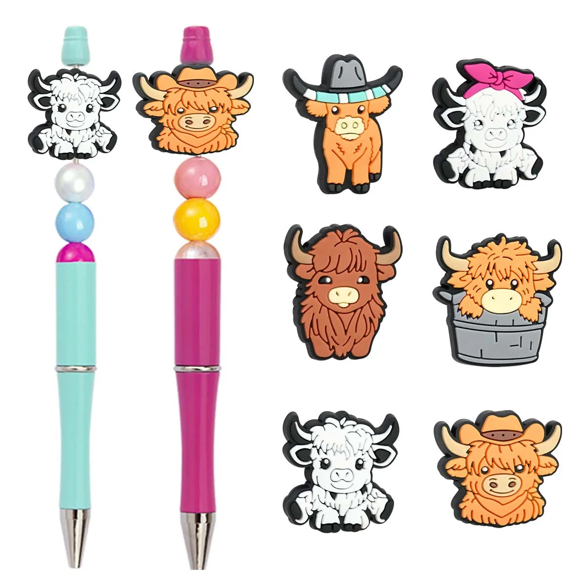 

New 5/10Pcs Highland Cow Pvc Soft Glue Focal Beads Jewellery Making DIY Beaded Pen Bracelets Cute keychain Jewelry Accessories