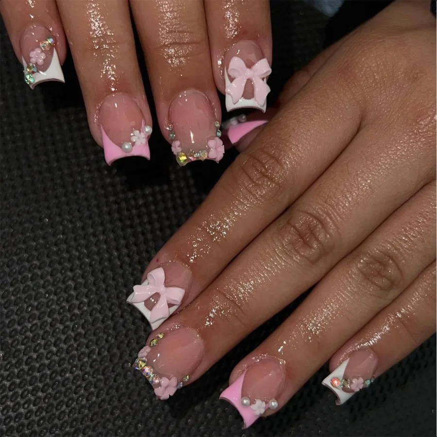 

PrOn Nails French Tip Square Shape Acrylic with Bow Flowe Charms Rhinestones