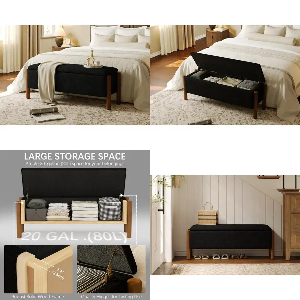 مقعد عثماني لتخزين أرجل الجوز 47 بوصة، سعة 20 جالون لغرفة النوم، سطح من القماش المنجد، نهاية أثاث السرير #1