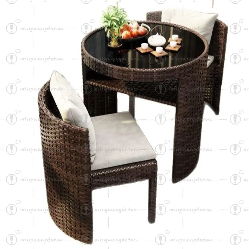 Rattan Wicker Balcony Furniture Set, 3-Piece Leisure Table & Chairs, Small Outdoor Coffee Table for Home