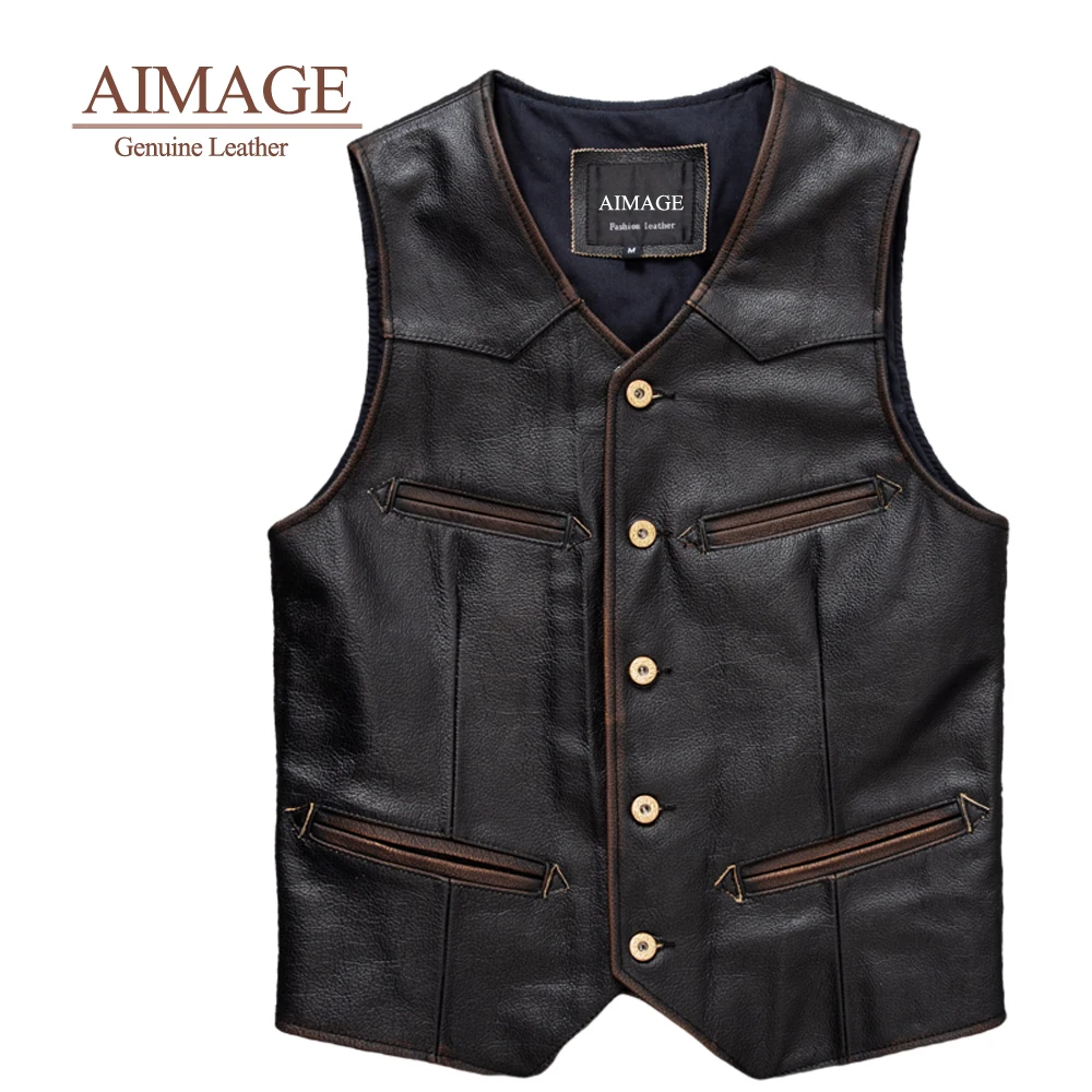 men 100% real Genuine leather vest jacket. Vintage Leather Motorcycle Vest Mens Slim Fit Real Cow Genuine Leather Waistcoat Bike