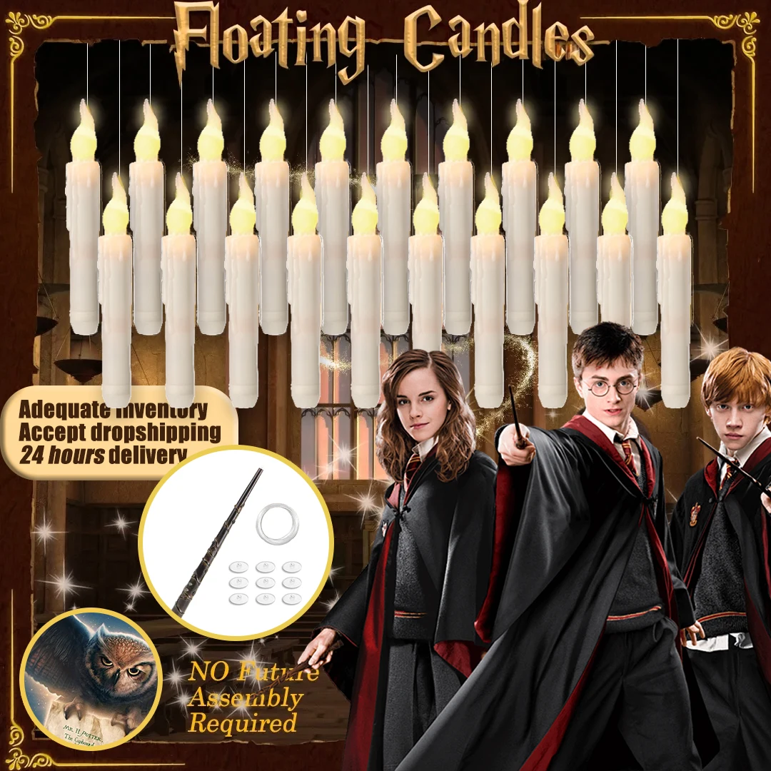 Halloween LED Floating Candles Magic Wand Christmas Remote Hanging Operated Battery Floating Candles Warm Light Decoration