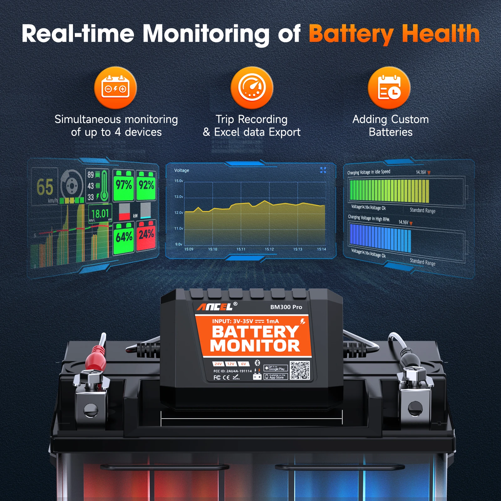 ANCEL BM300 Pro 6V 12V 24V Battery Test Bluetooth 5.3 Battery Monitor with Charging Cranking System Test & Alarm for Cars