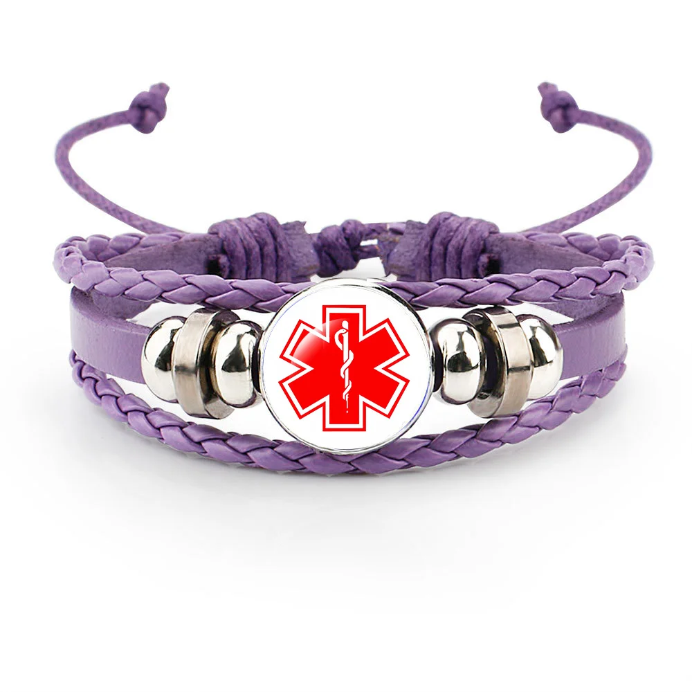 Colorful Penicillin Bracelet for Girls Boys Bee Milk Peanut Allergy Medical Alert Type 2 Diabetes Glass Leather Bangles Jewelry